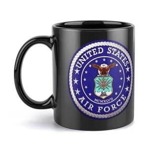 United States Air Force White & Blue Emblem On Black Ceramic Coffee Mug (Comes With Your Initials Or Rank And Name Free Of Charge On Mug!)