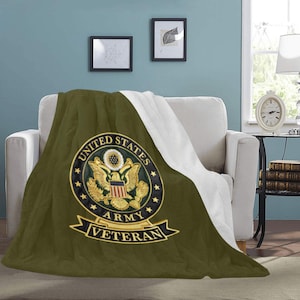 Very Large Deep Green United States Army Veteran Emblem Insignia Print On 70X80 Inch Micro Fleece Soft Warm Blanket