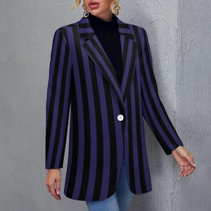 Women&#39;s Madison Ave Purple & Black Pinstripe Madison Ave Summer Dinner Work Event Blazer Jacket Print....