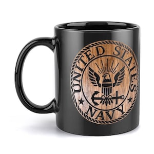 United States Navy Black & Brown Emblem Ceramic Coffee Mug (Comes With Your Initials or Rank And Name At No Additional Charge!)