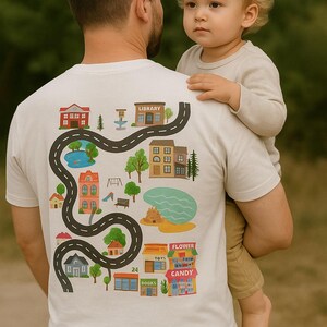 Camiseta com tapete de brincar com mapa rodoviário para pais na horizontal; presente exclusivo para pais de crianças pequenas - perfeita para brincadeiras e massagens