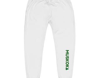 Muskoka mjukisbyxor, vita fleecebyxor med sidotext, Ontario Cottage Loungewear, Lake House-present