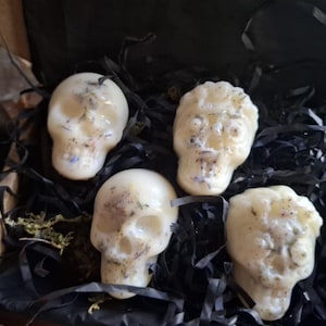 May include: Four off-white skull-shaped wax melts embedded with dried botanical pieces. The wax skulls are arranged inside a cardboard box filled with black shredded paper filler, showcasing detailed facial features and textured surfaces.