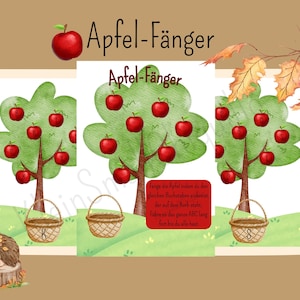 Może przedstawiać: Kapryśna ilustracja z trzema drzewami jabłoni z czerwonymi jabłkami, każde z literą. Kosze znajdują się pod drzewami. Tekst "Apfel-Fänger" znajduje się na górze. Jeż siedzi na pniu. Temat jesienny.