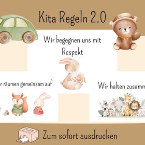 May include: A watercolor-style poster with the text "Kita Regeln 2.0" and illustrations of a car, bear, rabbit, fox, and other animals. The poster includes phrases in German such as "Wir begegnen uns mit Respekt" and "Zum sofort ausdrucken."