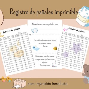 Puede incluir: Hojas imprimibles para registrar pañales de bebé, con una paleta de colores suaves. Las hojas presentan una cuadrícula para el seguimiento, junto con ilustraciones de una luna, estrellas y un oso de peluche. El texto incluye "Registro de pañales imprimible" y "para impresión inmediata."