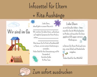 May include: A trifold informational flyer in German, with text and illustrations. The flyer includes a playground graphic, virus illustrations, and text about health and safety in a daycare setting. The flyer is designed to be printed.