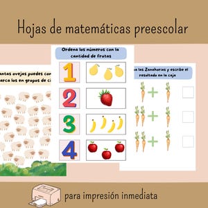 May include: Educational preschool math worksheets with colorful illustrations. Includes counting sheep, matching numbers to fruits, and simple addition problems with carrots. The worksheets are designed for immediate printing.
