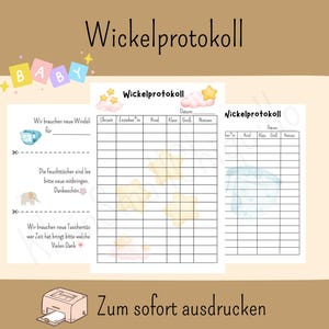 Puede incluir: Un registro imprimible de cambio de pañales para bebés con el título "Wickelprotokoll" en negro. El registro incluye secciones para los cambios de pañales, notas y un recordatorio para traer toallitas. La palabra "BABY" está escrita en bloques coloridos.