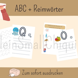以下が含まれることがあります： 「ABC + Reimwörter」と「Zum sofort ausdrucken」のテキストが入った、印刷可能な教育用ワークシート。ワークシートには、クラゲや様々なオブジェクトのイラストとともに、文字のQとOが掲載されています。トレースエクササイズが含まれています。