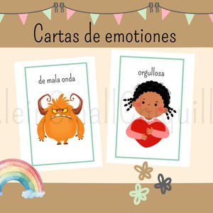Könnte beinhalten: Zwei Emotionskarten mit Illustrationen. Eine Karte zeigt ein orangefarbenes Monster mit der Aufschrift "de mala onda". Die andere Karte zeigt ein Mädchen, das ein Herz hält, mit der Aufschrift "orgullosa". Ein Regenbogen und dekorative Blumen sind ebenfalls vorhanden.