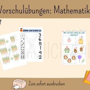 Könnte beinhalten: Lehrreiche Arbeitsblätter für Mathematik im Vorschulalter. Das Bild zeigt zwei Arbeitsblätter mit Zählübungen, darunter Karotten und Würfel. Der Text "Zum sofort ausdrucken" ist sichtbar, zusammen mit einem Drucker und Notizbüchern.