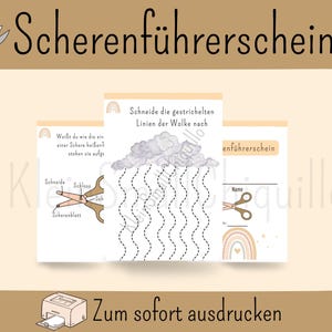 Może przedstawiać: Edukacyjne arkusze ćwiczeń do wydruku z niemieckim tekstem "Scherenführerschein" i ilustracjami nożyczek, chmur i tęczy. Zawiera przerywane linie do ćwiczenia cięcia.