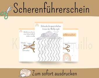 May include: Educational printable activity sheets with the German text "Scherenführerschein" and illustrations of scissors, clouds, and rainbows. Includes dotted lines for cutting practice and the text "Zum sofort ausdrucken".