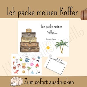 Könnte beinhalten: Eine Illustration mit dem Text "Ich packe meinen Koffer" und "Zum sofort ausdrucken". Das Bild zeigt einen Stapel Vintage-Koffer, eine Sonne, Palmen und sommerliche Gegenstände, die ein Urlaubsthema hervorrufen.