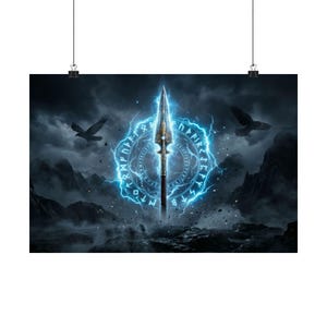 Odin Gungnir Power Shot Poster | Norse Mythology Weapon Wall Art | Dark Runic Energy | Epic Viking Decor Print