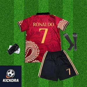 Ronaldo 7 Inspired Dragon Soccer Jersey Set: Red & Black Kit