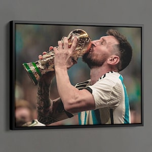 Lionel Messi Canvas Print, Sports Wall Art, Argentina Soccer Print, World Cup 2022 Wall Decor, Messi Lifts the World Cup, Sports Bedroom Art