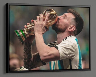 Lionel Messi Canvas Print, Sports Wall Art, Argentina Soccer Print, World Cup 2022 Wall Decor, Messi Lifts the World Cup, Sports Bedroom Art