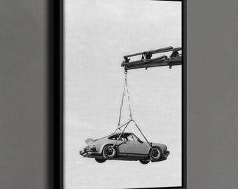 Vintage Porsche Poster, Black and White Porsche Print, Flying Porsche Wall Art, Automotive Wall Art, Auto Repair Shop Wall Decor, Car Gift