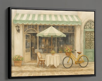 Coffee Shop French Cafe Poster, Charming Café with Bicycle Canvas, French Cafe in Summer Time, Cozy Home Decor, European Street Scene