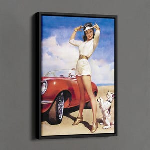 Retro Red Car Poster, Woman and Dog Print, Funny Wall Art, Classic Red Car and Dog Wall Art, Auto Shop Wall Decor, Fashion Wall Decor