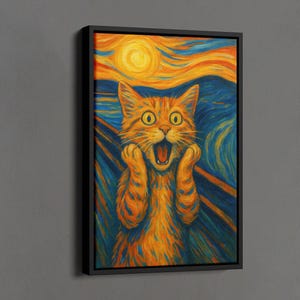 The Scream Cat-print, Van Gogh Cat, The Purr Cat-print, stripverhaalkunstwerk, geïnspireerd door Edvard Munch, Scream-parodie canvas, kattenliefhebber cadeau