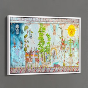 Puede incluir: Una impresión artística en lienzo con marco blanco que presenta una ilustración colorida y detallada. La obra de arte representa una escena surrealista con figuras, una calavera, un sol sonriente y elementos arquitectónicos. El texto "WHITE FRAMED CANVAS" es visible en la parte inferior.