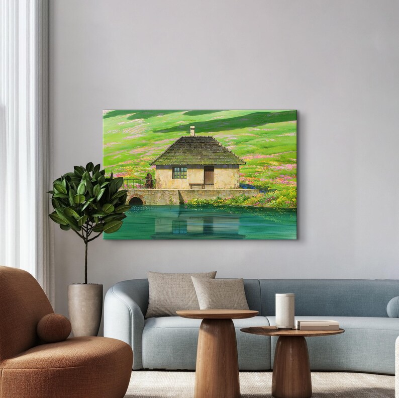 May include: A painting of a small, brown, wooden house with a thatched roof, sitting on a green grassy hill next to a body of water. The house has a single window and a door. The water reflects the house and the sky.