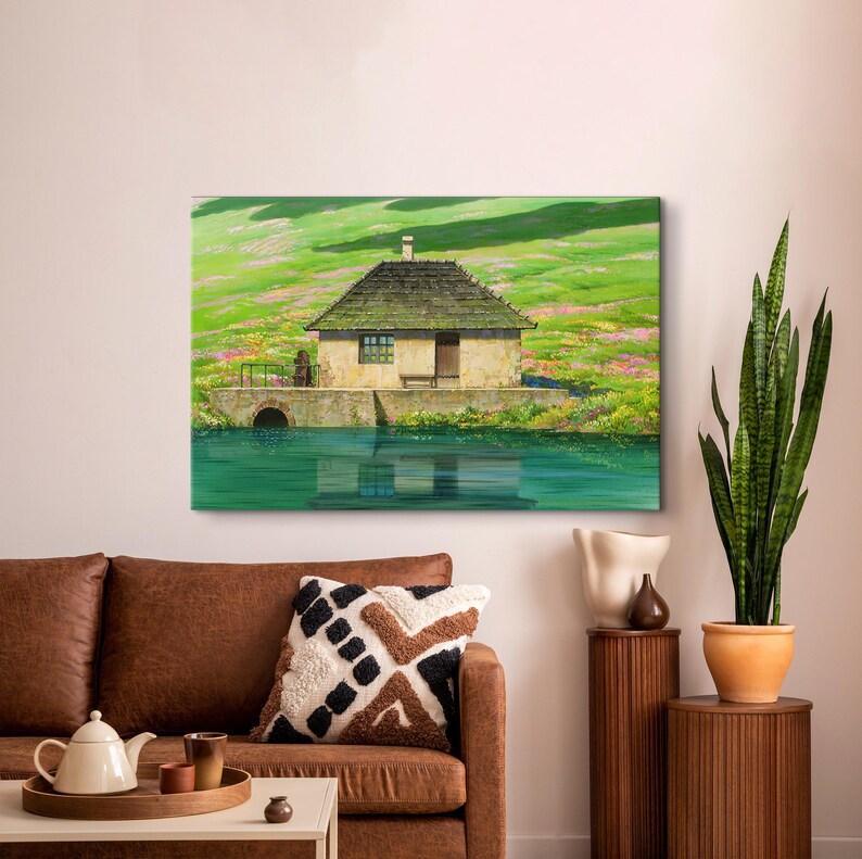 May include: A painting of a small, white cottage with a brown roof, situated on a green grassy hill overlooking a still body of water. The cottage has a small porch and windows. The scene is peaceful and serene.