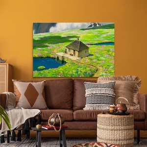May include: A painting of a small stone house with a brown roof in a field of green grass and wildflowers. There is a small pond in front of the house and a wooden bridge leading to it.