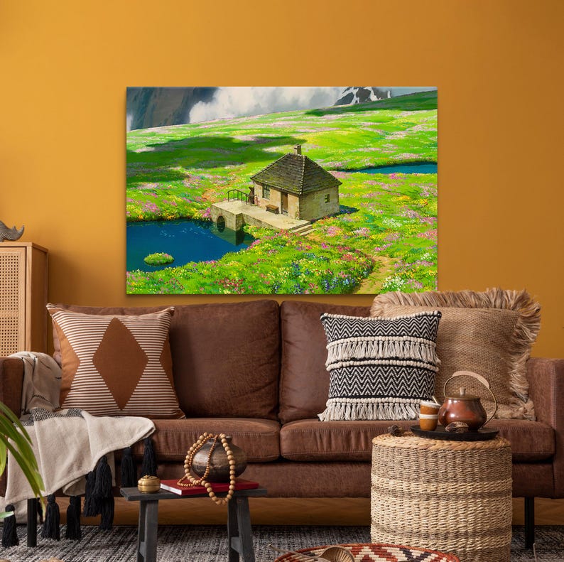 May include: A painting of a small stone house with a brown roof in a field of green grass and wildflowers. There is a small pond in front of the house and a wooden bridge leading to it.