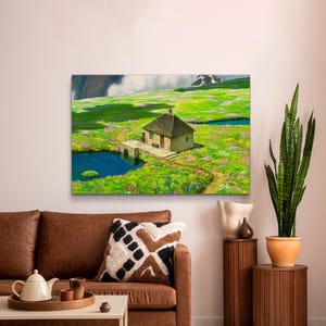 May include: A painting of a small, brown house with a green roof, surrounded by lush green grass and flowers. The house is located on a hill overlooking a lake.