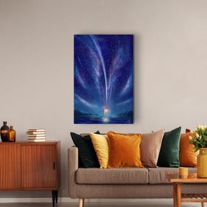 May include: A digital painting of a starry night sky with a single figure standing in the water, looking up at a shooting star. The sky is a deep blue with white stars and a bright shooting star. The figure is silhouetted against the sky.