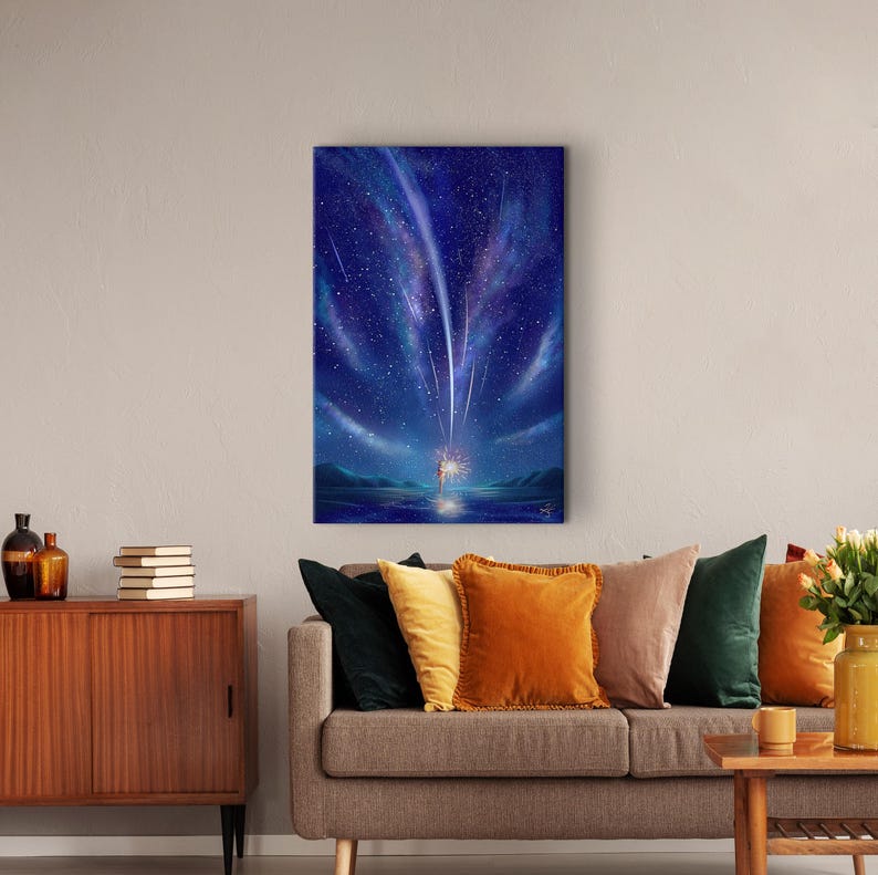 May include: A digital painting of a starry night sky with a single figure standing in the water, looking up at a shooting star. The sky is a deep blue with white stars and a bright shooting star. The figure is silhouetted against the sky.