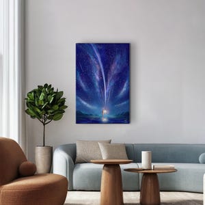 May include: A digital painting of a starry night sky with a single figure standing on a beach, looking up at a shooting star. The sky is a deep blue with white stars and a bright shooting star streaking across the sky.