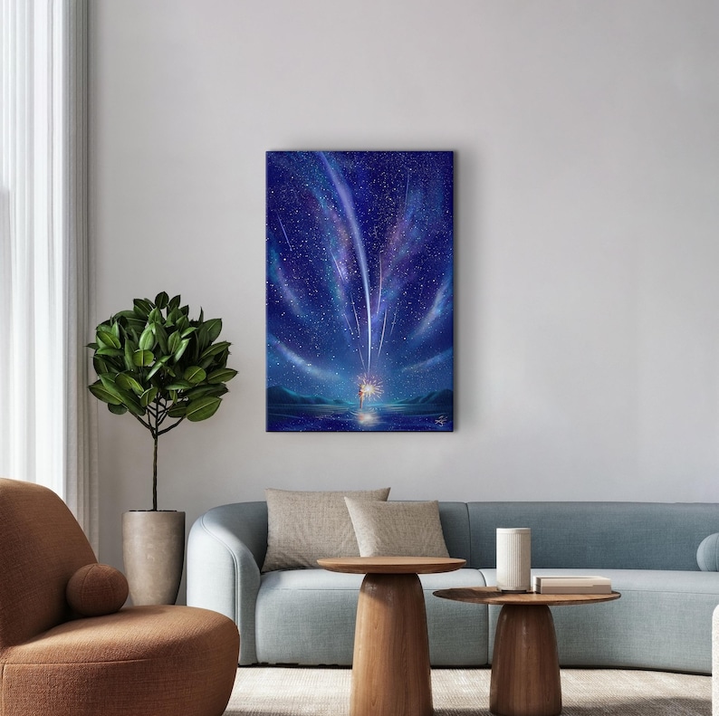 May include: A digital painting of a starry night sky with a single figure standing on a beach, looking up at a shooting star. The sky is a deep blue with white stars and a bright shooting star streaking across the sky.