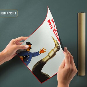 May include: A rolled canvas poster featuring a vintage advertisement for "My Gum", with a cartoon man in a blue uniform holding a bottle and a large ostrich leg with the text "My Gum" in red letters.