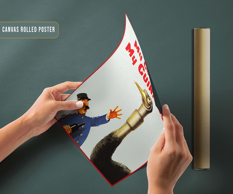 May include: A rolled canvas poster featuring a vintage advertisement for "My Gum", with a cartoon man in a blue uniform holding a bottle and a large ostrich leg with the text "My Gum" in red letters.