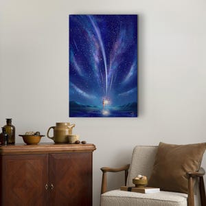 May include: A digital painting of a starry night sky with a single figure standing in the water, looking up at a shooting star. The sky is a deep blue with white stars and a bright shooting star. The figure is small and silhouetted against the bright light of the shooting star.