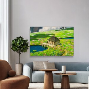 May include: A painting of a small, brown house with a green roof, sitting on a grassy hill with a small lake in front of it. The house has a white door and windows, and there are flowers growing around it.