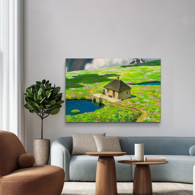 May include: A painting of a small, brown house with a green roof, sitting on a grassy hill with a small lake in front of it. The house has a white door and windows, and there are flowers growing around it.