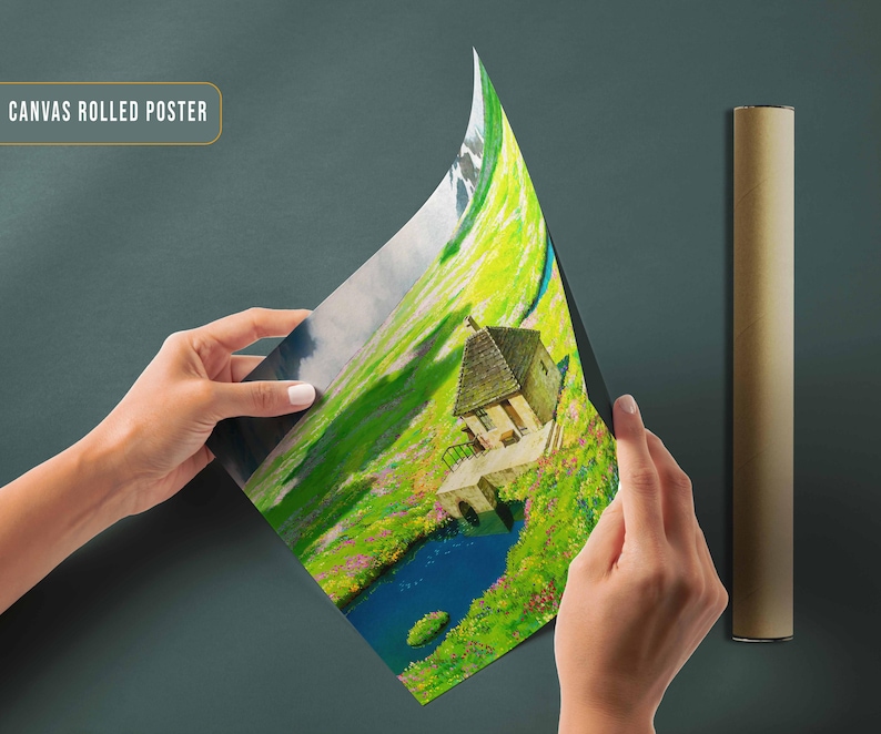 May include: A canvas rolled poster featuring a painting of a small house with a green roof, nestled in a lush green valley with a blue lake. The house has a white door and windows. The valley is surrounded by mountains in the background.
