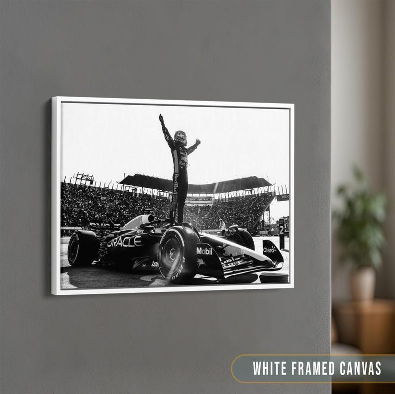 May include: Black and white framed canvas print featuring a Formula 1 race car with a driver standing on top, arms raised in victory. The image is set against a backdrop of a crowded stadium. The canvas is labeled "WHITE FRAMED CANVAS".