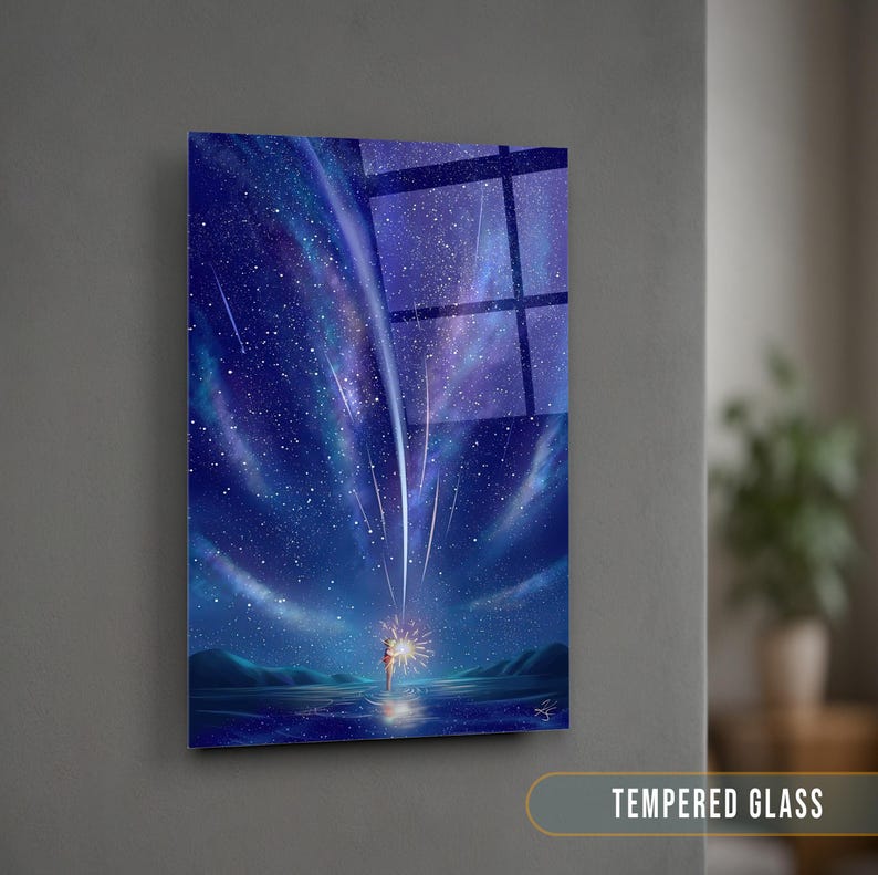 May include: A digital art print of a young woman standing in a field of blue and purple stars with a shooting star above her. The print is on tempered glass.