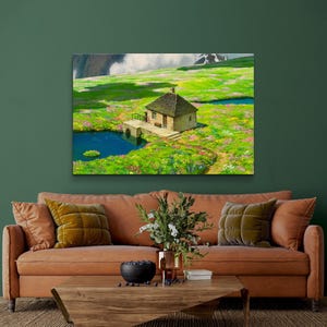 May include: A painting of a small, brown cottage with a green roof, nestled in a lush green meadow with wildflowers and two small ponds. The cottage has a white door and windows, and a small wooden bridge leads to it.