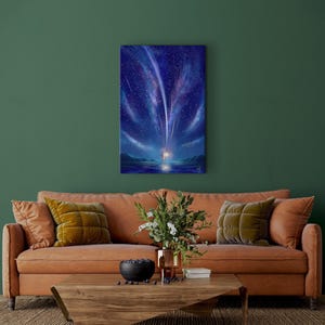 May include: A digital painting of a starry night sky with a single figure standing in the foreground, holding a glowing orb. The sky is filled with shooting stars and a milky way galaxy. The figure is silhouetted against the bright sky.