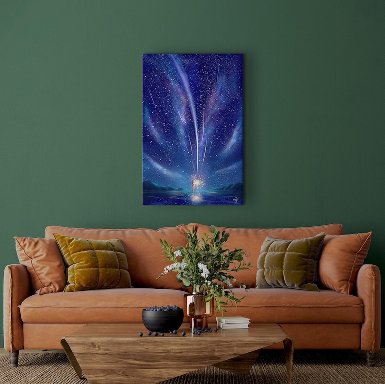 May include: A digital painting of a starry night sky with a single figure standing in the foreground, holding a glowing orb. The sky is filled with shooting stars and a milky way galaxy. The figure is silhouetted against the bright sky.