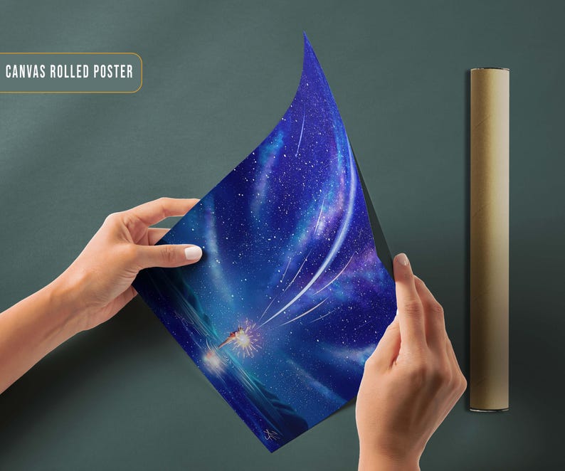 May include: A canvas rolled poster featuring a blue and purple night sky with a bright white shooting star and a glowing light in the distance. The poster is rolled up and held by a hand.