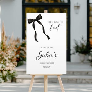 She&#39;s Tying The Knot Bridal Shower Welcome Sign Poster, Personalized Black Bow Bridal Shower Decor, She&#39;s Tying The Knot Bridal Shower Sign
